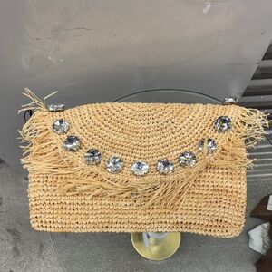 Elegant Straw Clutch with Crystal Accents